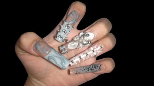 Cyber Sigilism Orange Flame Press on Nails - 3D Tattoo Art Design with Silver Piercing Studs Trendy Y2K Alternative Luxury Long False Nails