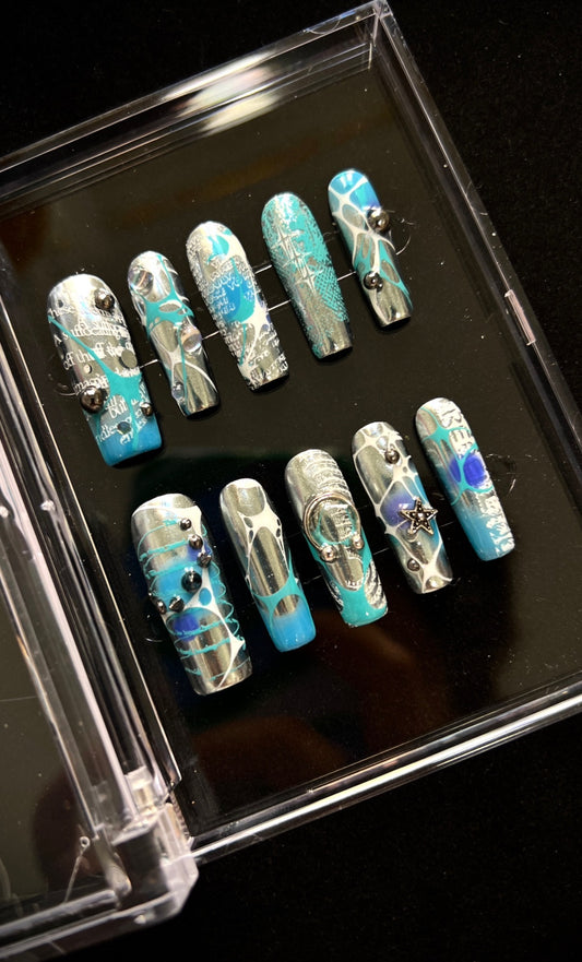y2k Cyber Liquid Silver Metal rave Punk Blue Mechanized Press on Nails