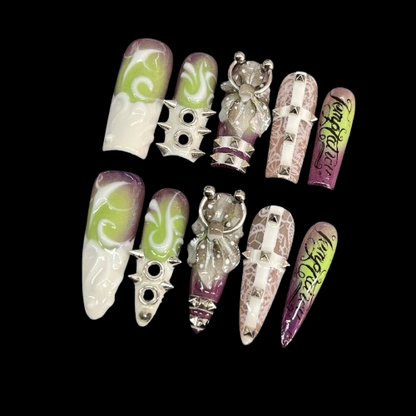 Cyber Sigilism Orange Flame Press on Nails - 3D Tattoo Art Design with Silver Piercing Studs Trendy Y2K Alternative Luxury Long False Nails