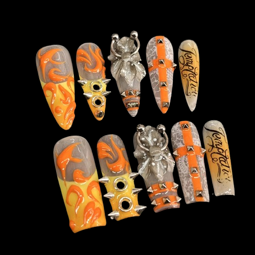 Cyber Sigilism Orange Flame Press on Nails - 3D Tattoo Art Design with Silver Piercing Studs Trendy Y2K Alternative Luxury Long False Nails