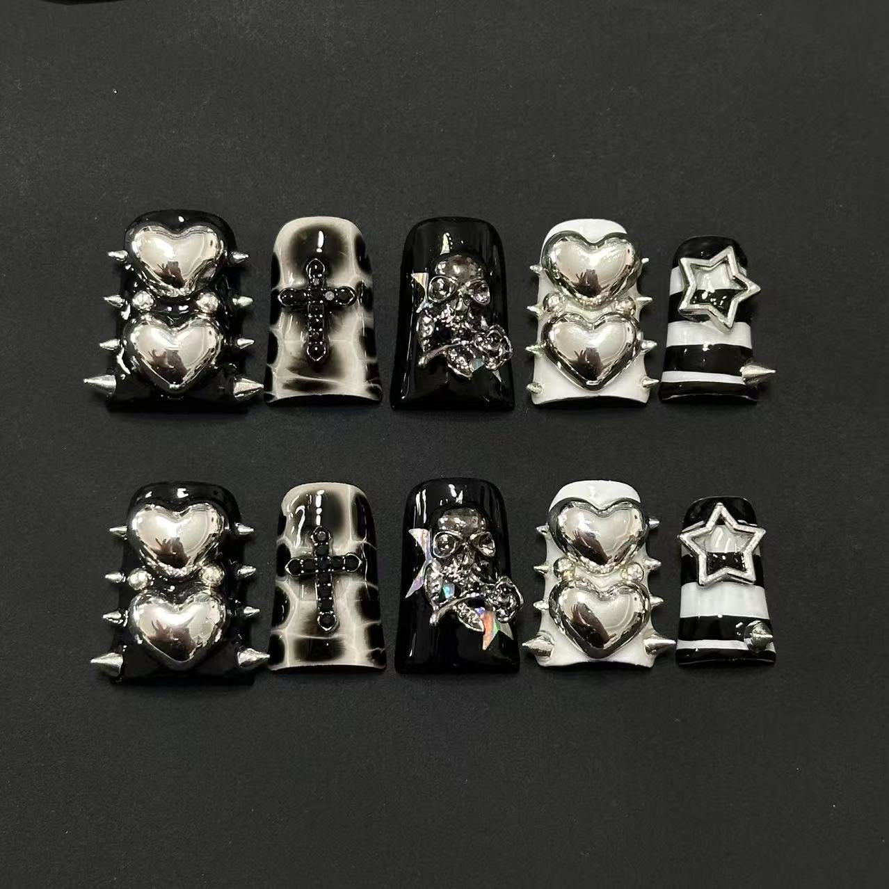Handmade 3D Silver Chrome Heart Press on Nails - Gothic Cross & Spikes Punk Style Reusable Nails  Luxury Black and White Grunge False Nails