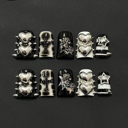 Handmade 3D Silver Chrome Heart Press on Nails - Gothic Cross & Spikes Punk Style Reusable Nails  Luxury Black and White Grunge False Nails