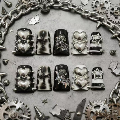 Handmade 3D Silver Chrome Heart Press on Nails - Gothic Cross & Spikes Punk Style Reusable Nails  Luxury Black and White Grunge False Nails