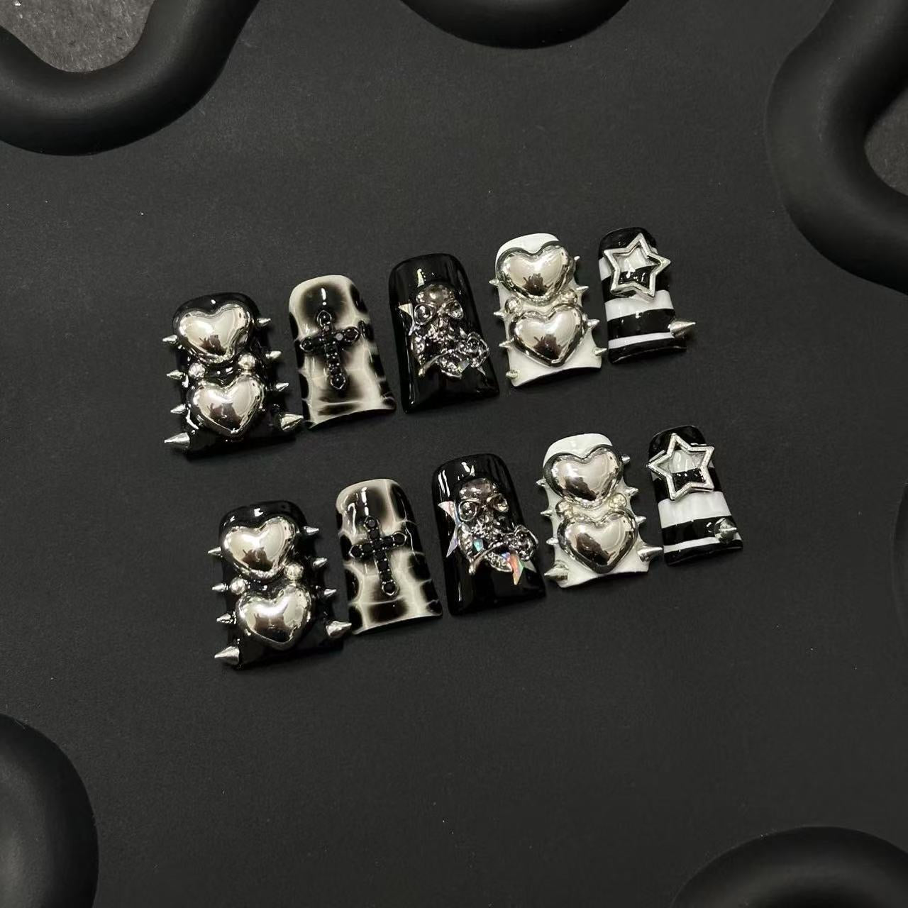 Handmade 3D Silver Chrome Heart Press on Nails - Gothic Cross & Spikes Punk Style Reusable Nails  Luxury Black and White Grunge False Nails