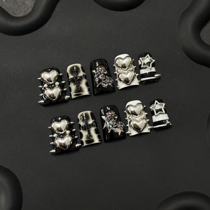 Handmade 3D Silver Chrome Heart Press on Nails - Gothic Cross & Spikes Punk Style Reusable Nails  Luxury Black and White Grunge False Nails