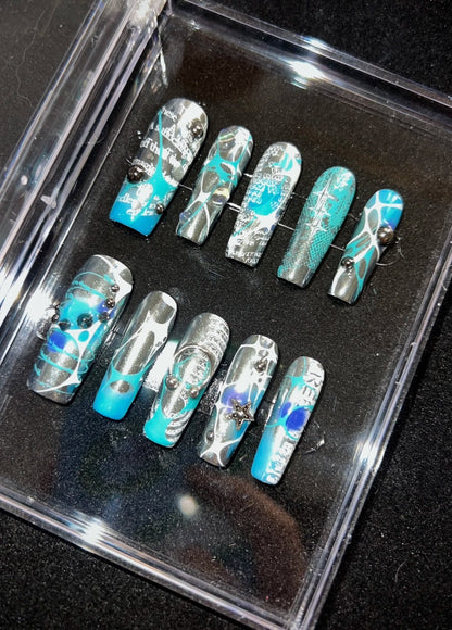y2k Cyber Liquid Silver Metal rave Punk Blue Mechanized Press on Nails